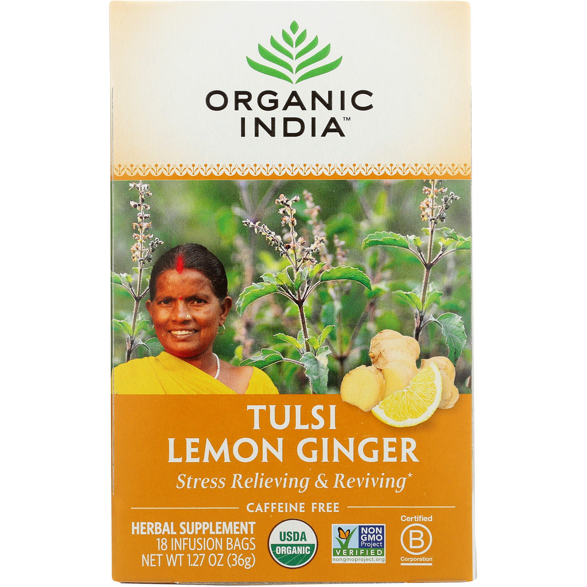 Organic India Tulsi Lemon Ginger Herbal Tea 18 Infusion Bags Ct