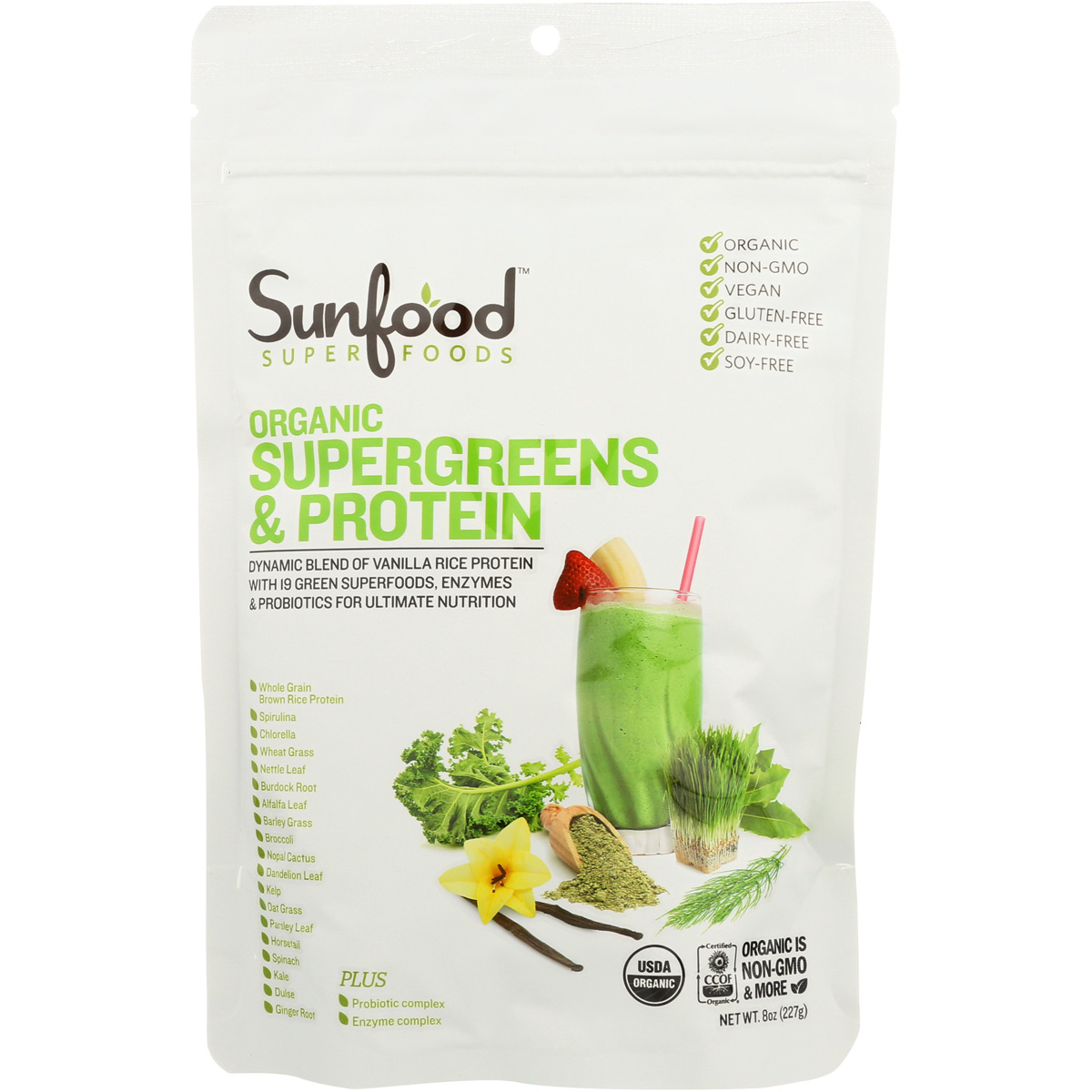 Sunfood Organic Supergreens & Protein Powder 8 Oz Vegan Non-Gmo