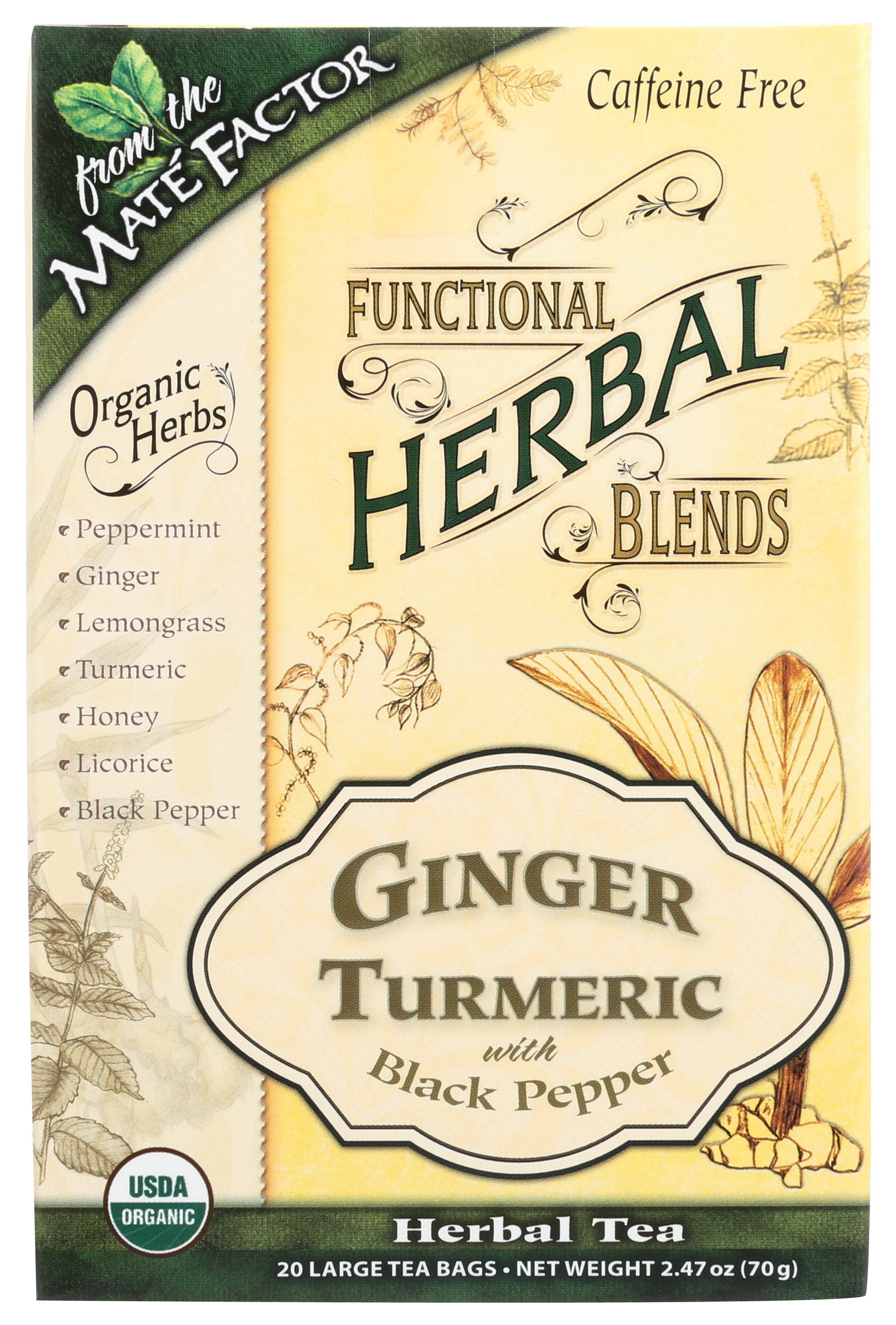 Mate Factor Ginger Turmeric Tea Bags Herbal Blend 20 Count