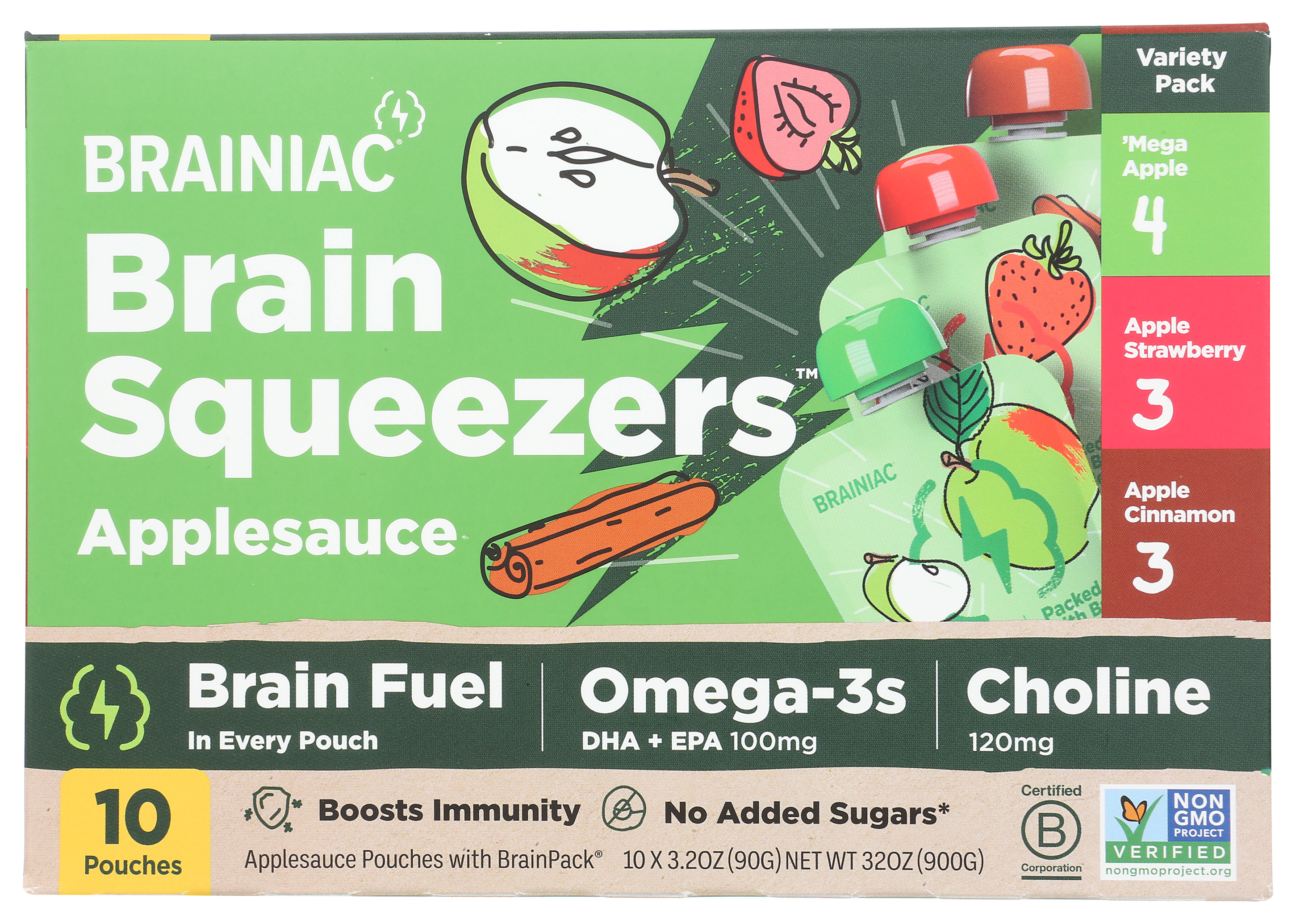 Brainiac Variety 10 Brain Squeezers Applesauce Pouches Fuel Snack 3.2 Oz