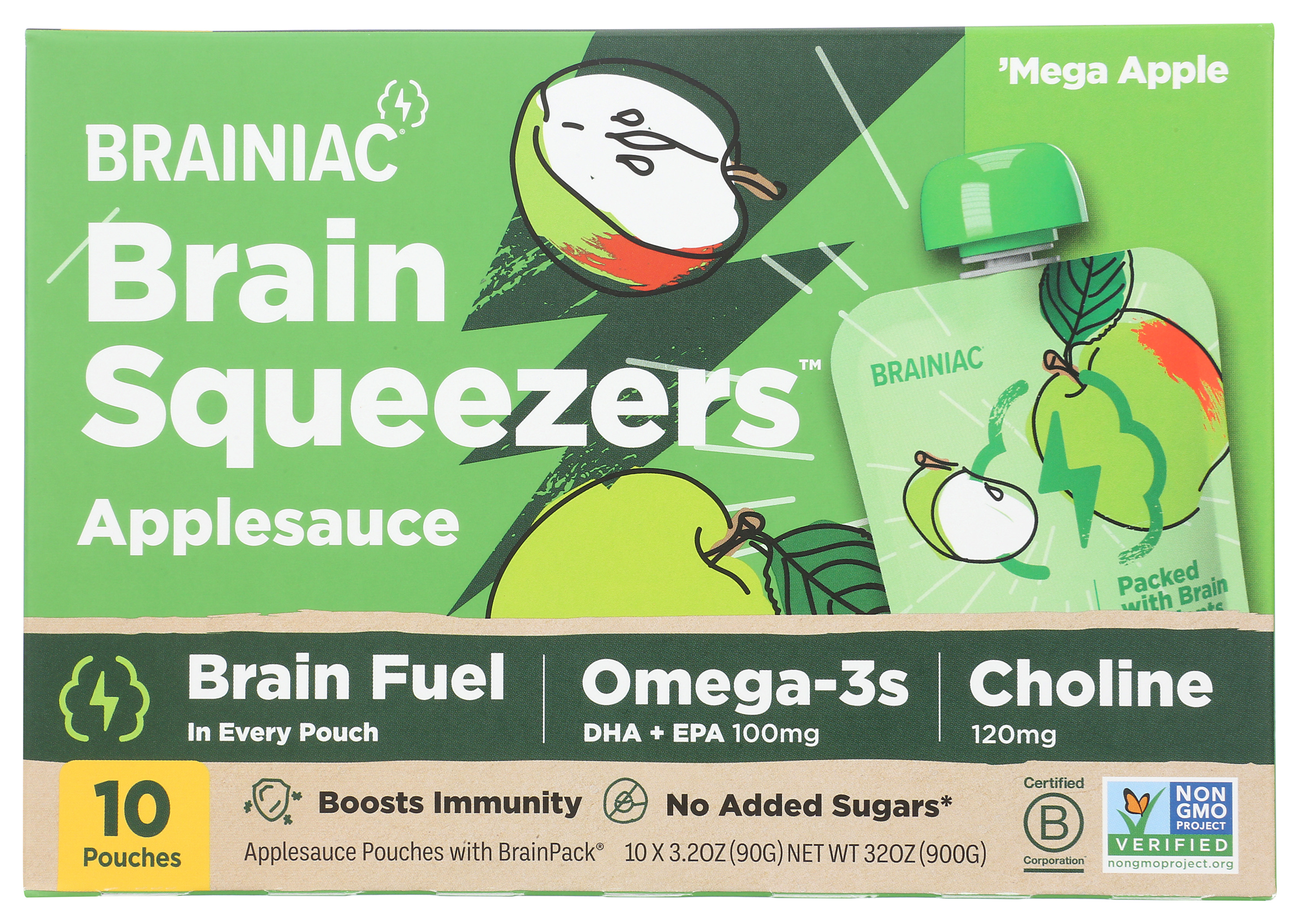Brainiac Mega Apple Brain Squeezers Applesauce 10 Pouches Kids 3.2 Oz