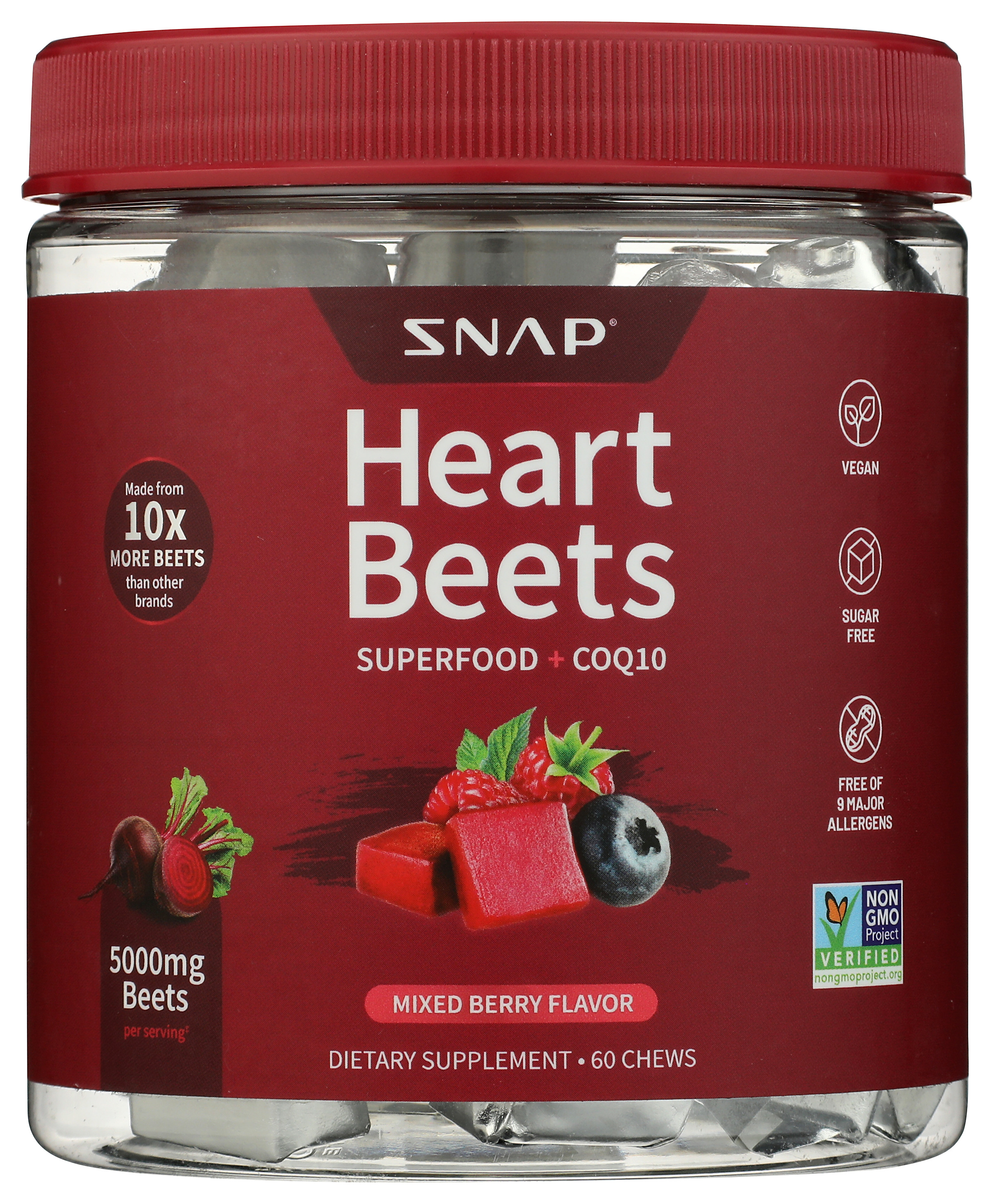 Snap Mixed Berry Flavor Heart Beets Dietary Supplement 60 Chews