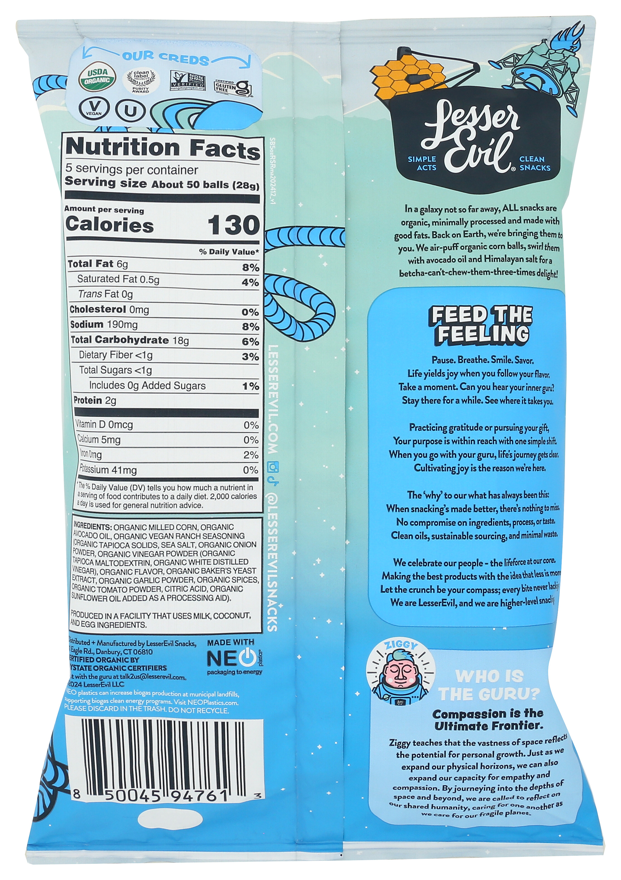 Lesser Evil Organic Rocket Ship Ranch Space Balls Corn Puffs 5 Oz | eBay