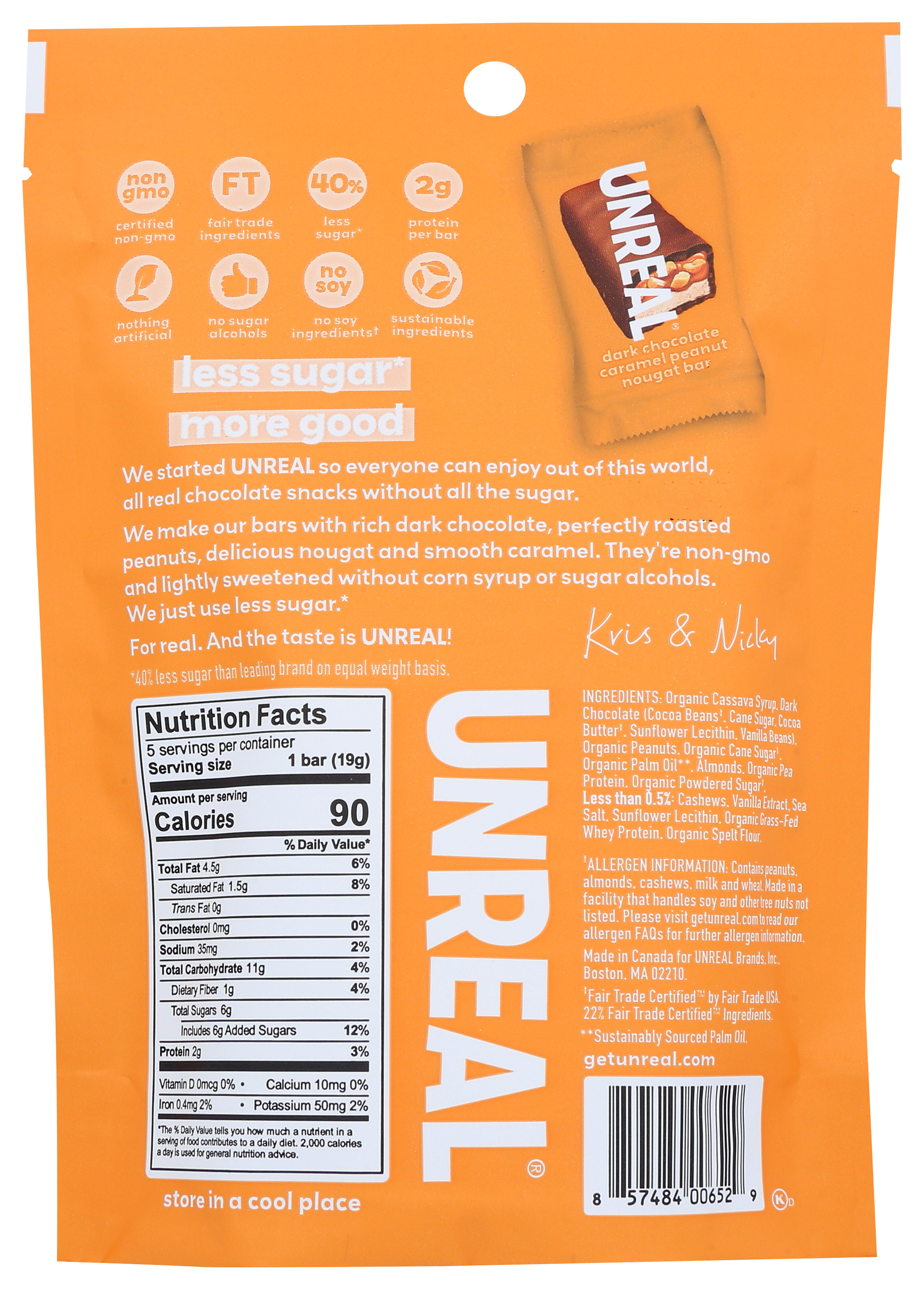 Unreal Dark Chocolate Caramel Peanut Nougat Bars 3.4 Oz