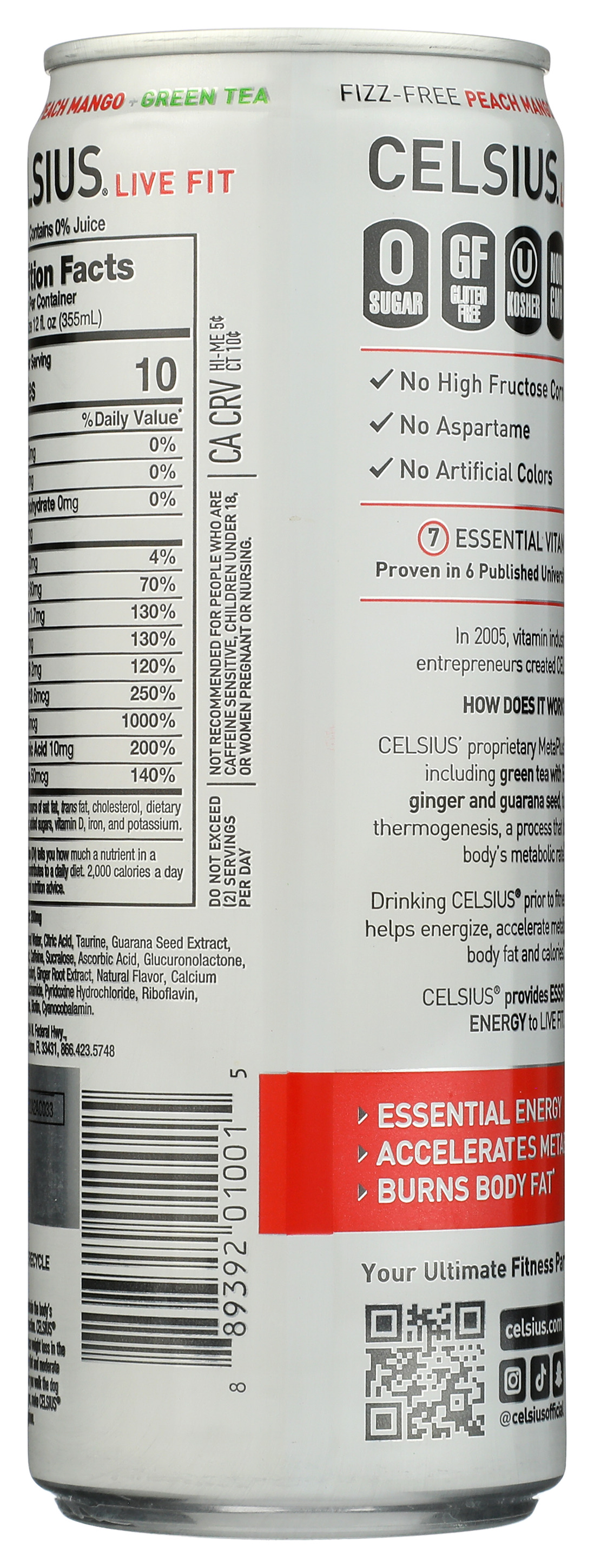 Celsius Peach Mango Green Tea Energy Drink Fizz-Free 12 Fl Oz