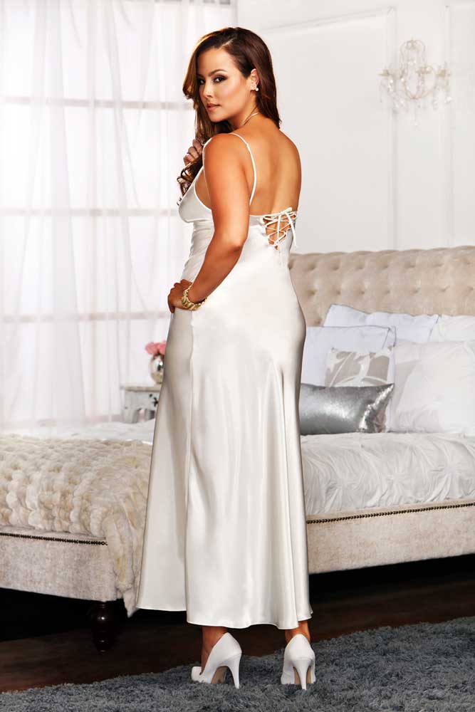 Sexy Plus Size Lingerie Lace Trim Lace Up Back Satin Gown Long Dress Adult Women Ebay 9537