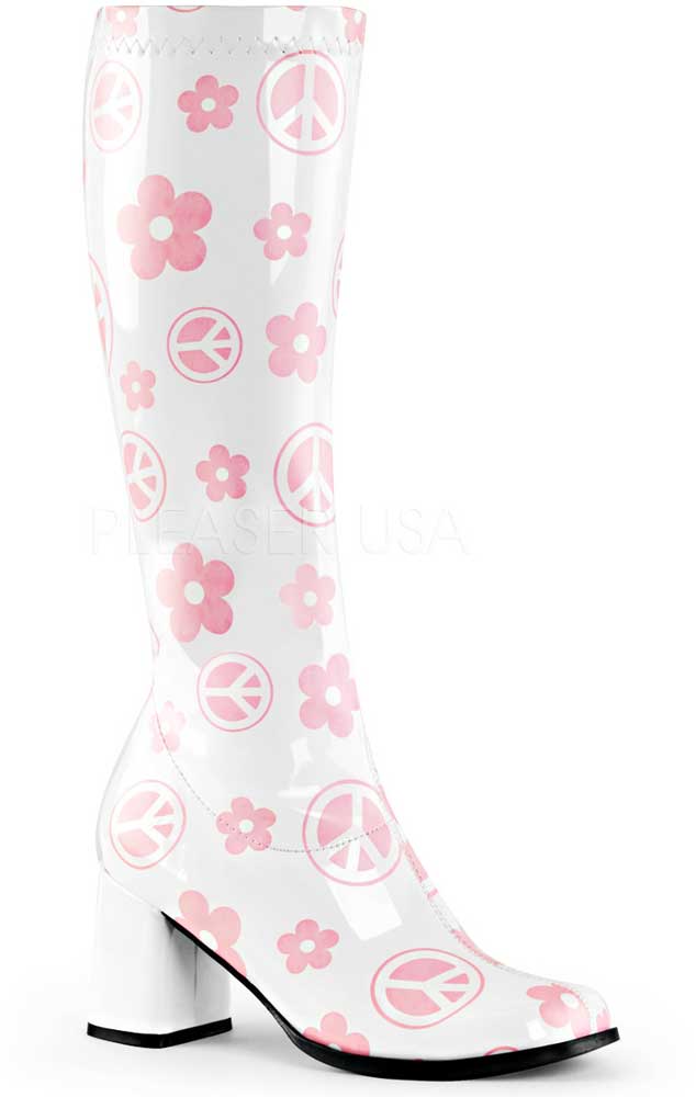 Groovy Peace Sign Graphics Knee High Block Heel Gogo Boots Shoes Adult ...