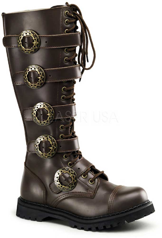 Steampunk Cog Strap Lace Up Knee High Engineer Biker Boots Shoes Adult Men