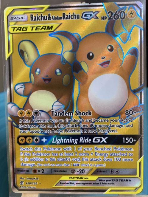 Raichu And Alolan Raichu Gx 220 Prices Pokemon Unified Minds Pokemon Cards 