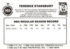 Back Side | Terence Stansbury Basketball Cards 1986 Star