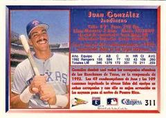 Side 2 | Juan Gonzalez [White Uniform on Back] Baseball Cards 1993 Pacific Spanish