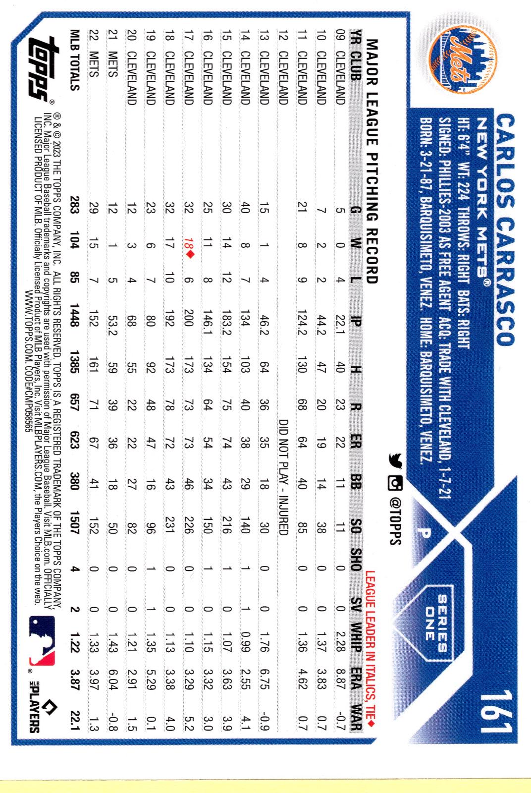 Carlos Carrasco [Royal Blue] 161 Prices 2023 Topps Baseball Cards