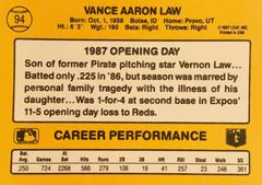 Rear | Vance Law Baseball Cards 1987 Donruss Opening Day