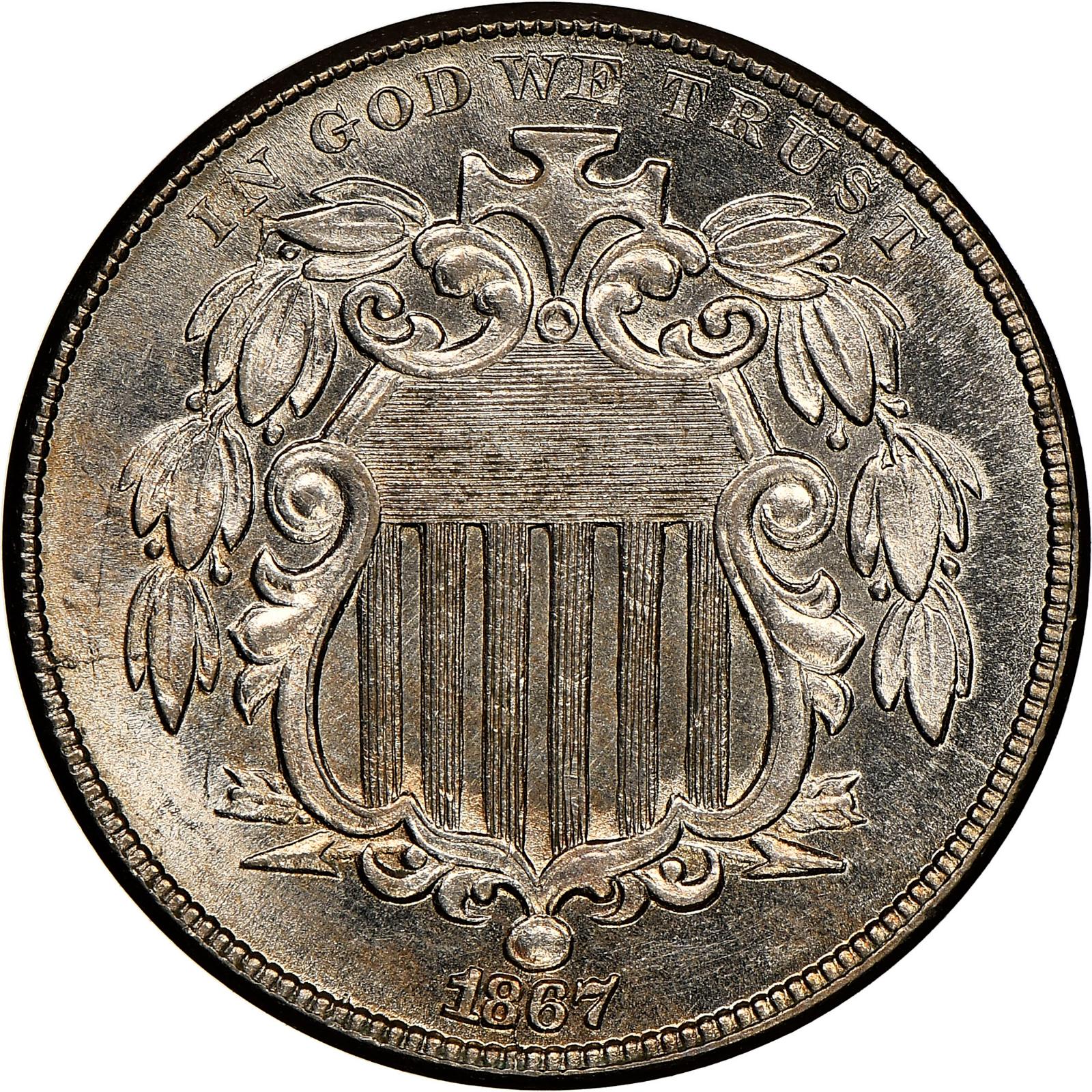 1867 [NO RAYS] Coins Shield Nickel