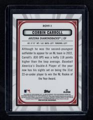 Back | Corbin Carroll [Mega Box Mojo Refractor] Baseball Cards 2023 Bowman Chrome Rookie of the Year Favorites