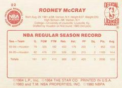 Back Side | Rodney McCray Basketball Cards 1986 Star