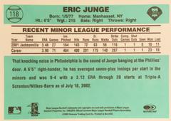 Rear | Eric Junge Baseball Cards 2002 Donruss Originals