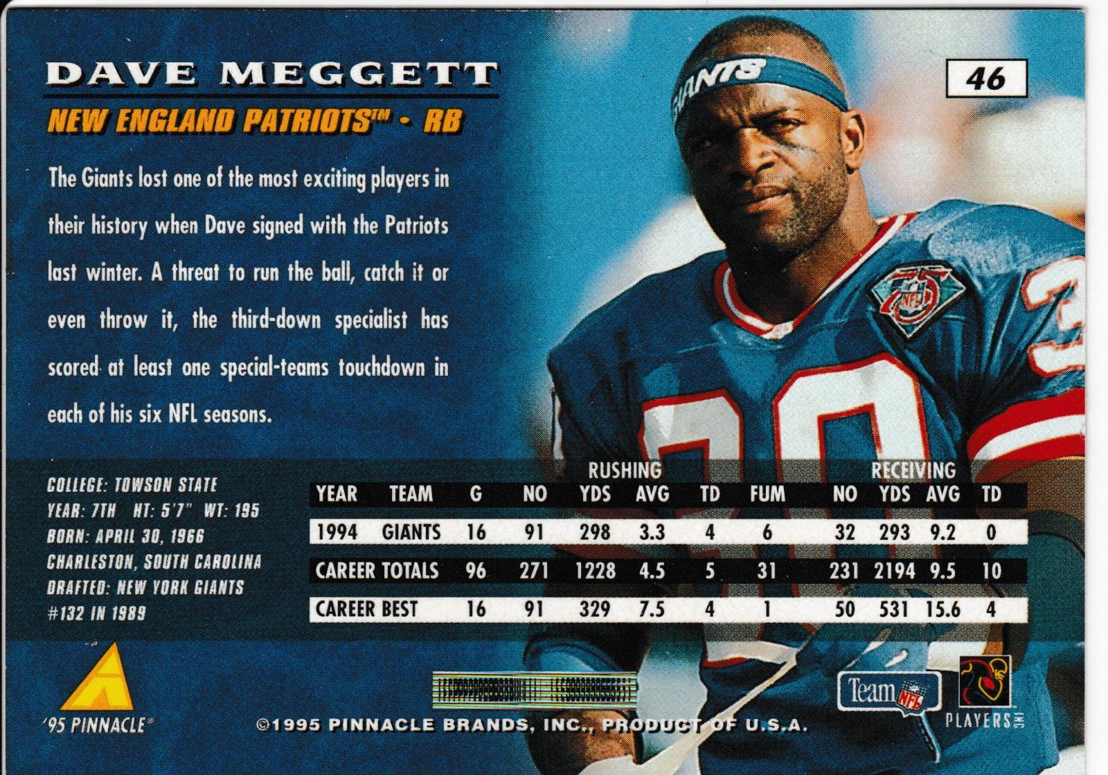 Dave Meggett 46 Prices 1995 Pinnacle Football Cards