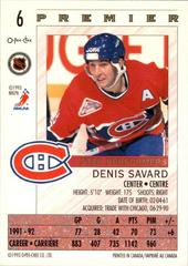 Back Of Card | Denis Savard Hockey Cards 1992 O-Pee-Chee Premier Star Performers