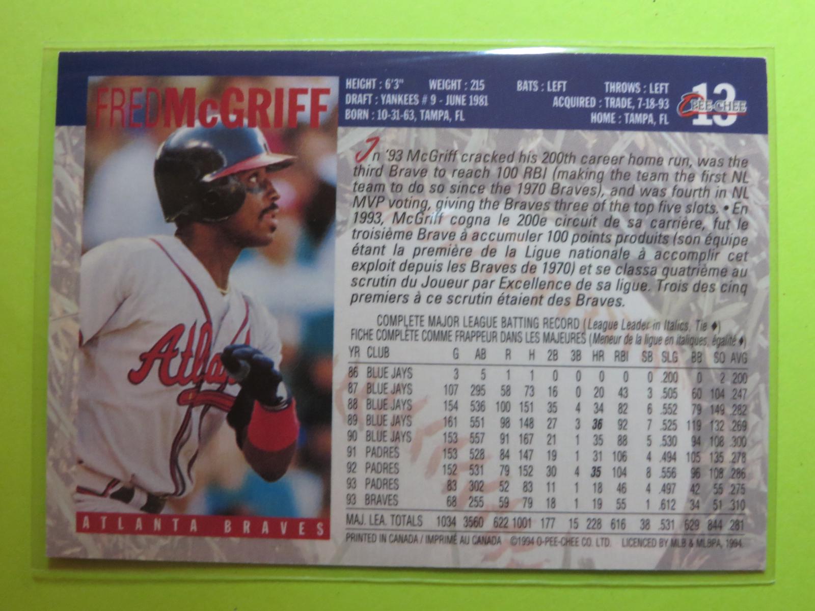 Fred McGriff 13 Prices 1994 O Pee Chee Baseball Cards