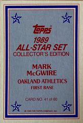 Card Back | Mark McGwire Baseball Cards 1989 Topps All Star Glossy Set of 60