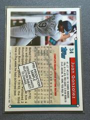 Back | Juan Gonzalez Baseball Cards 1993 Topps Pre Production