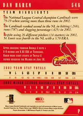 Rear | Dan Haren Baseball Cards 2003 Donruss Team Heroes