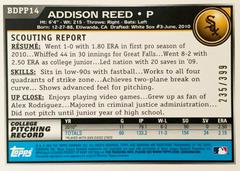 Rear | Addison Reed [Blue] Baseball Cards 2010 Bowman Draft Picks & Prospects