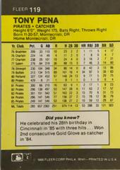 Rear | Tony Pena Baseball Cards 1986 Fleer Mini