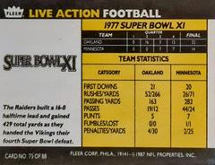1987 Fleer Team Action 75 Of 88 Back Of Card  | Super Bowl XI [Oakland vs. Minnesota] Football Cards 1987 Fleer Team Action