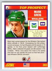 Back Of Card  | Masrk Greig Hockey Cards 1991 Score American