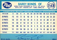 Back Of Card | Barry Bonds Baseball Cards 1991 Post Cereal