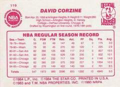 Back Side | Dave Corzine Basketball Cards 1986 Star