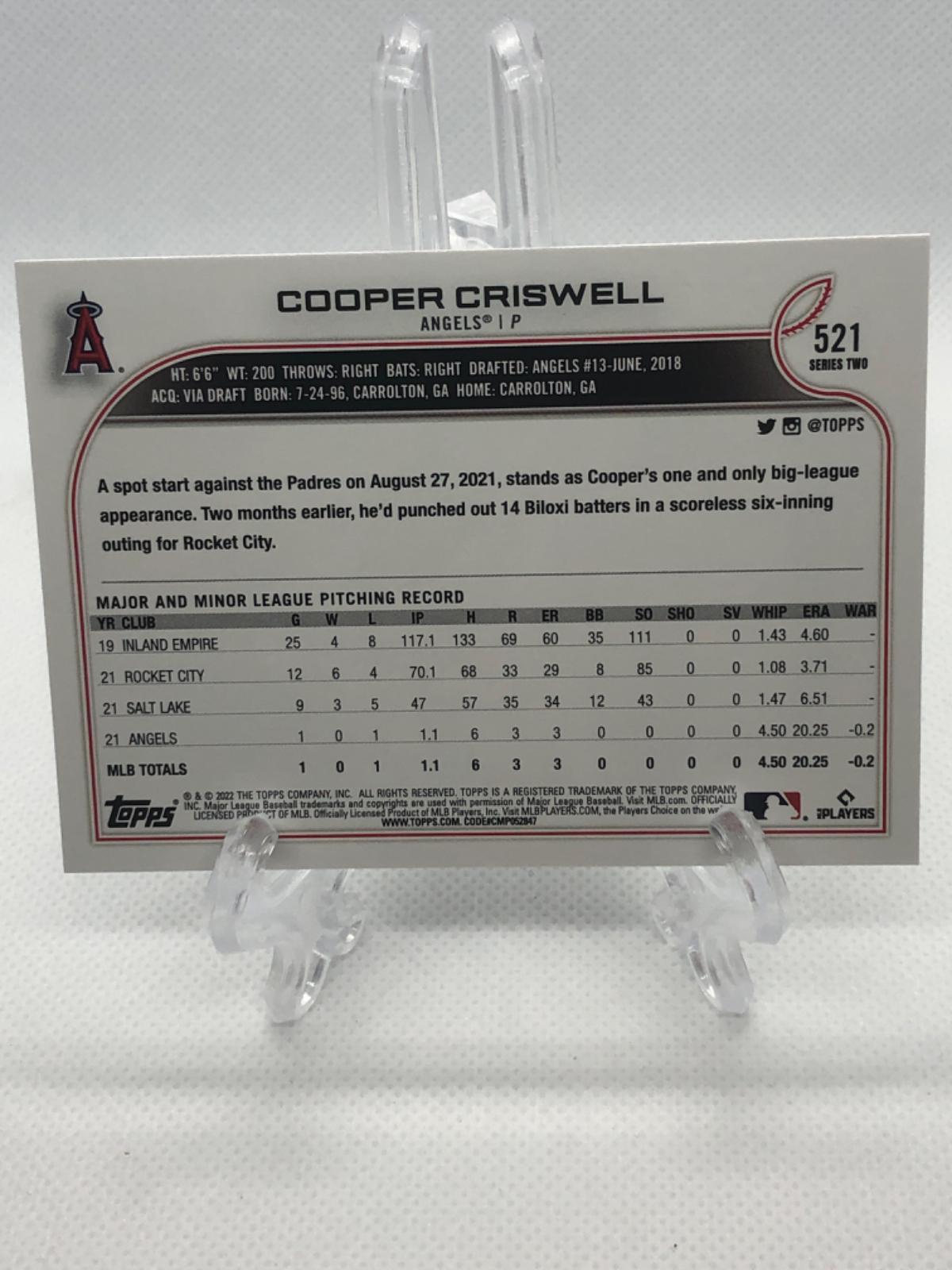 Cooper Criswell 521 Prices [Rookie] 2022 Topps Baseball Cards