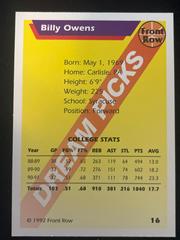 Back | Billy Owens Basketball Cards 1992 Front Row Dream Picks