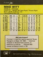 Rear | Mike Witt Baseball Cards 1986 Fleer Mini