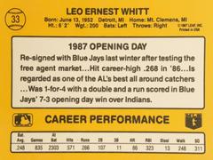 Rear | Ernie Whitt Baseball Cards 1987 Donruss Opening Day