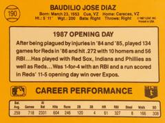 Rear | Bo Diaz Baseball Cards 1987 Donruss Opening Day