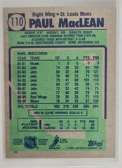 Backside | Paul MacLean Hockey Cards 1990 Topps