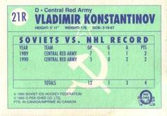 Konstantinov #21R Back | V. Konstantinov Hockey Cards 1990 O-Pee-Chee Red Army