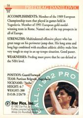 Back Of Card | Predrag Danilovic Basketball Cards 1992 Star Pics