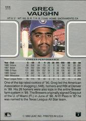 Back Of Card | Greg Vaughn Baseball Cards 1990 Leaf