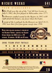 Rear | Rickie Weeks Baseball Cards 2003 Donruss Team Heroes