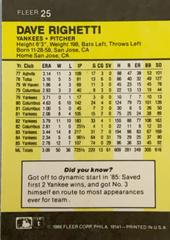 Rear | Dave Righetti Baseball Cards 1986 Fleer Mini