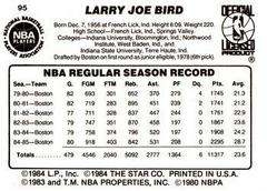 White Border - Back Side | Larry Bird Basketball Cards 1986 Star
