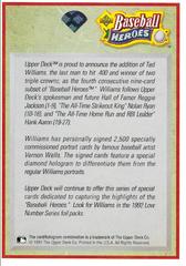 Williams Header Back | Header Card Baseball Cards 1992 Upper Deck Heroes Ted Williams
