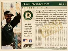 Rear | Dave Henderson [Gold Rush] Baseball Cards 1994 Score