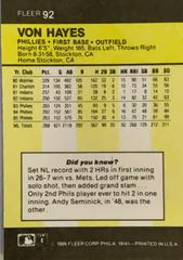 Rear | Von Hayes Baseball Cards 1986 Fleer Mini
