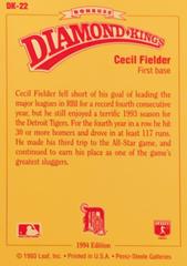 Rear | Cecil Fielder Baseball Cards 1994 Donruss Diamond Kings