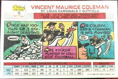 Card, Rear | Vince Coleman Baseball Cards 1988 Topps Big